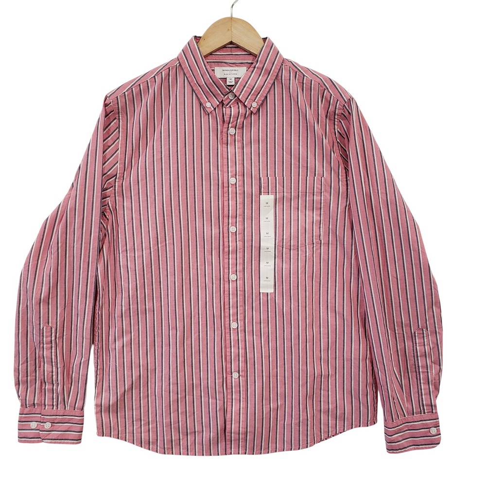 Banana Republic Mens Slim Untucked Striped Button Down Shirt Pink Medium Preppy